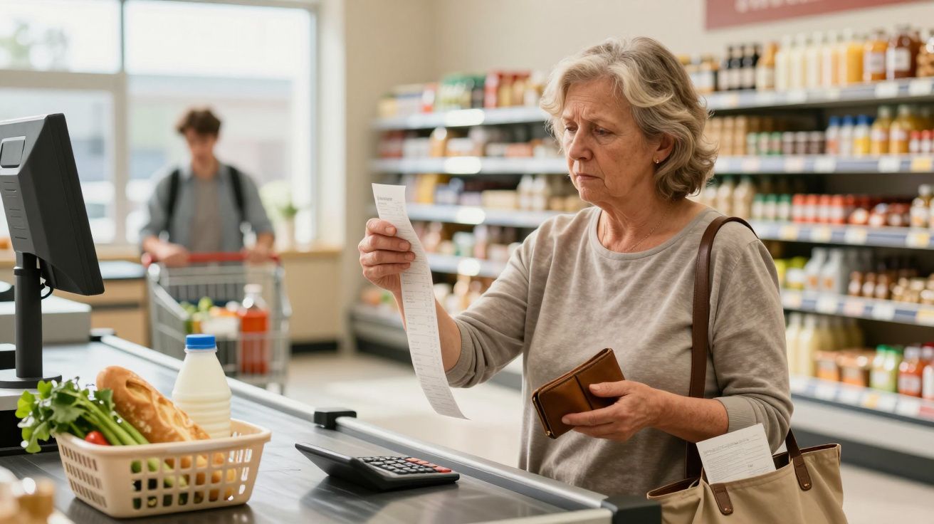 Mulher idosa a verificar o recibo no caixa do supermercado com cabaz de compras à sua frente.