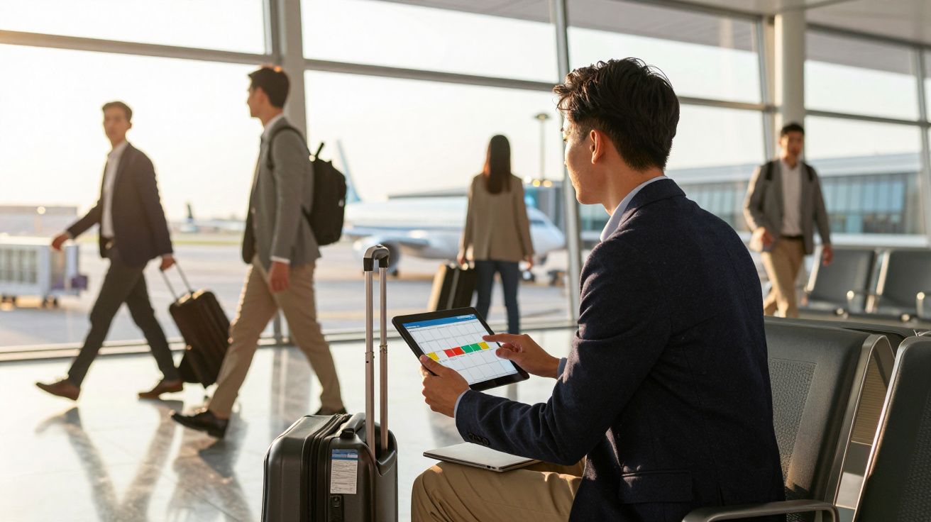 Homem sentado no aeroporto com mala e tablet, observando passageiros a caminhar perto da janela.