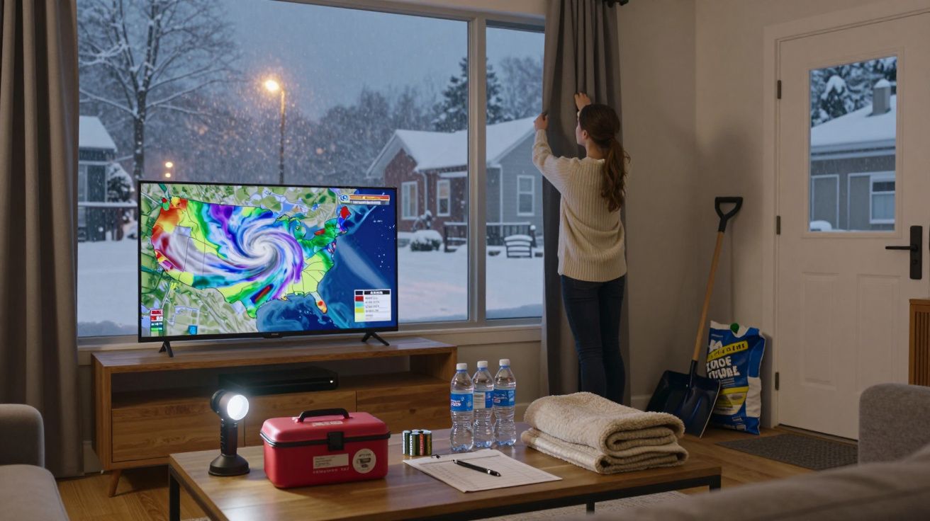 Mulher em casa a fechar a cortina durante queda de neve, TV mostra alerta de tempestade, balcão com itens de emergência.