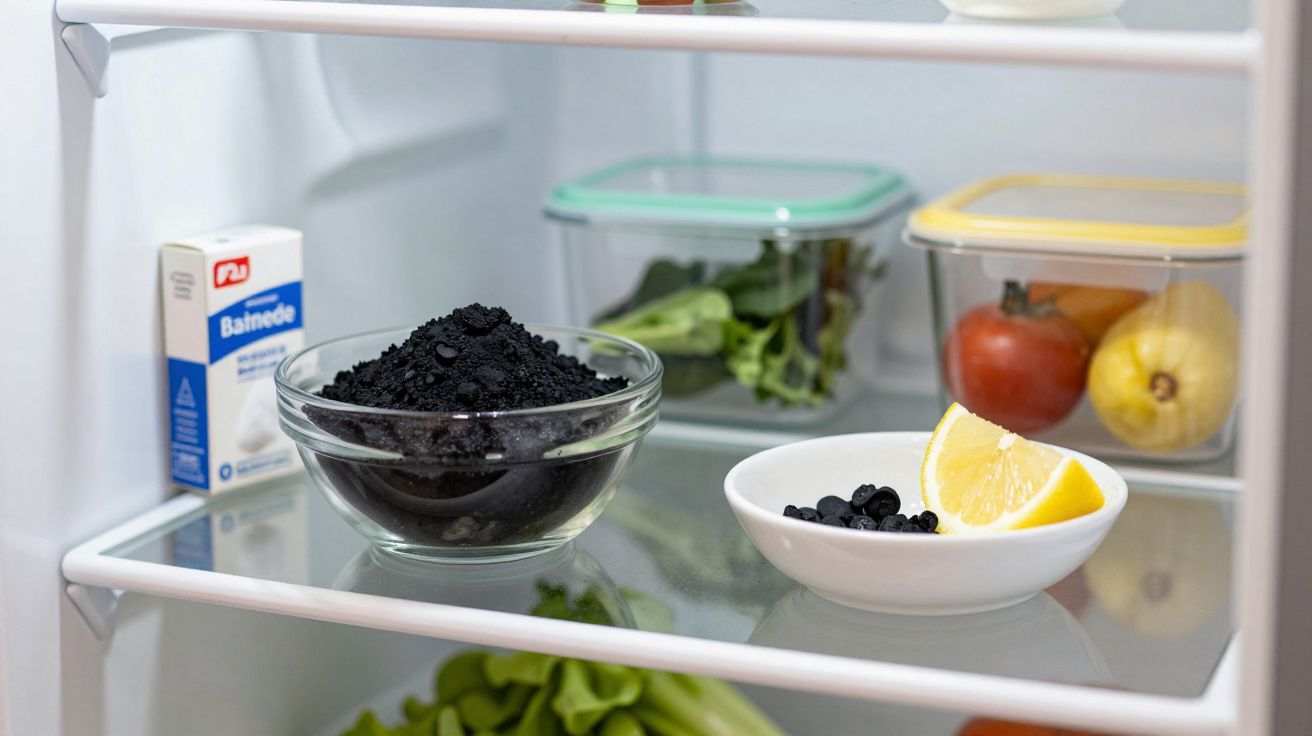 Interior de frigorífico com tigela de pó preto, prato com mirtilos e limão, caixas com legumes e sal.
