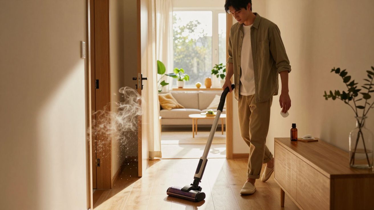Homem a aspirar chão de madeira numa sala iluminada com aspirador vertical sem fios.