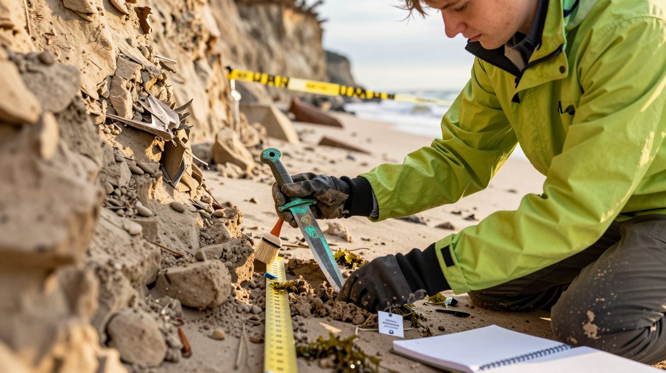 Investigador escava na areia de uma praia usando equipamento para medição e documentação científica.