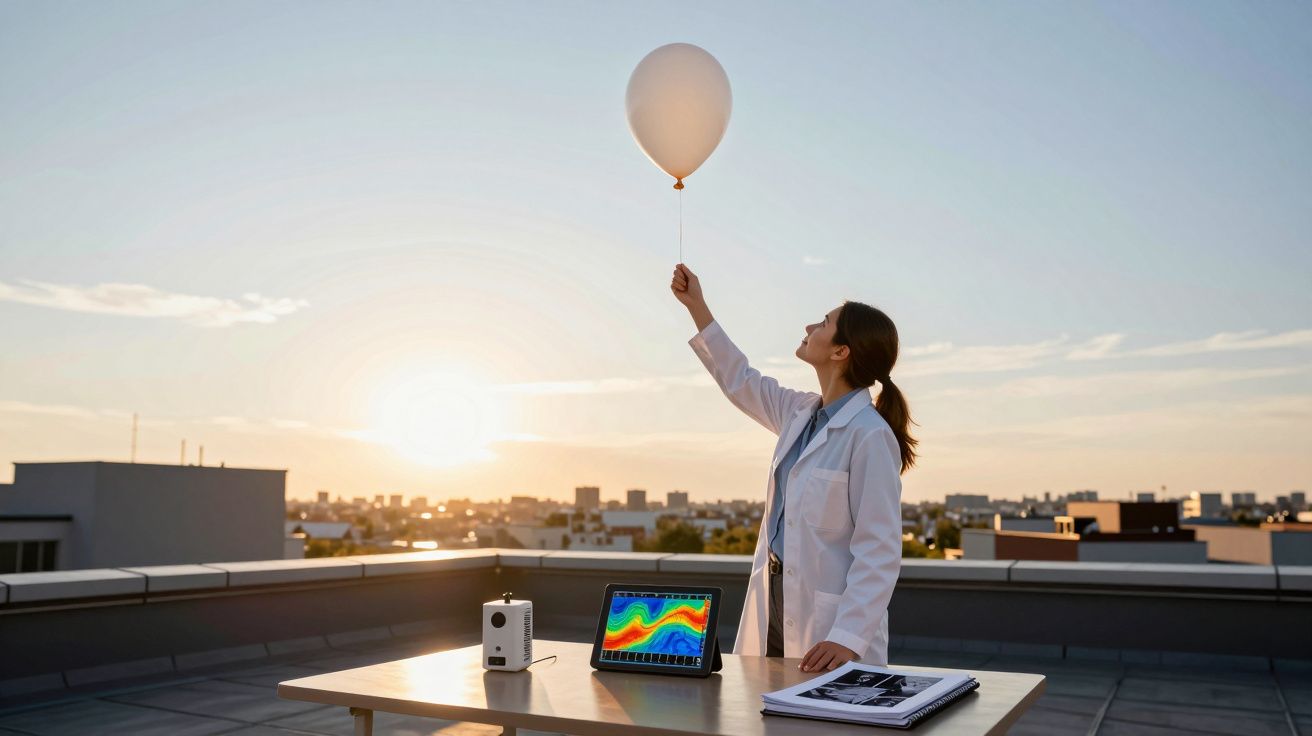 Mulher cientista segura balão branco num terraço ao pôr do sol, com equipamento e gráfico colorido na mesa.