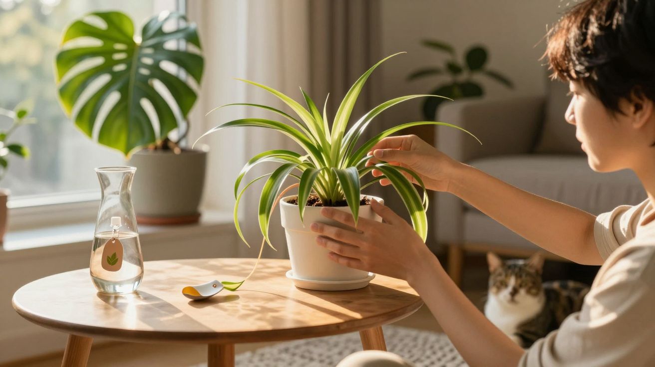 Pessoa a cuidar de planta numa sala iluminada, com gato no fundo e jarra de água na mesa redonda.