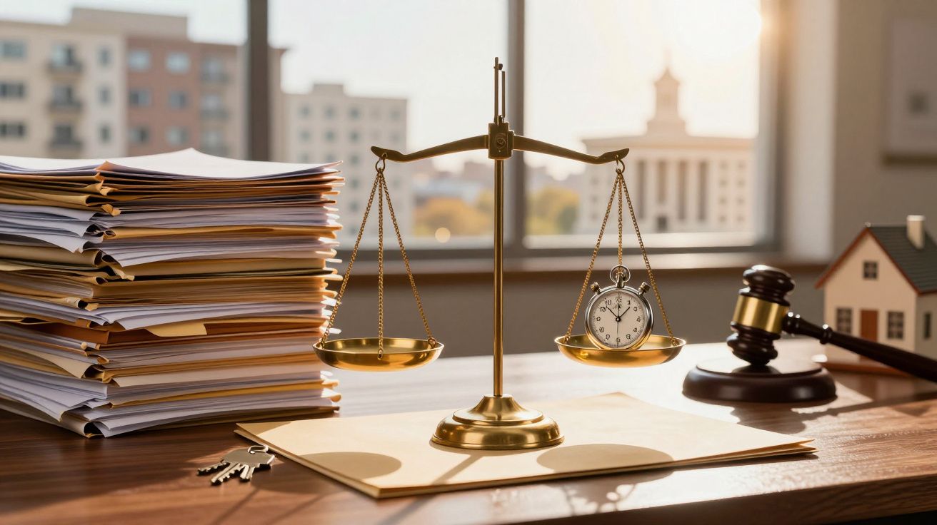 Balança da justiça com cronómetro, pilha de papéis, martelo de juiz e miniatura de casa sobre mesa iluminada.