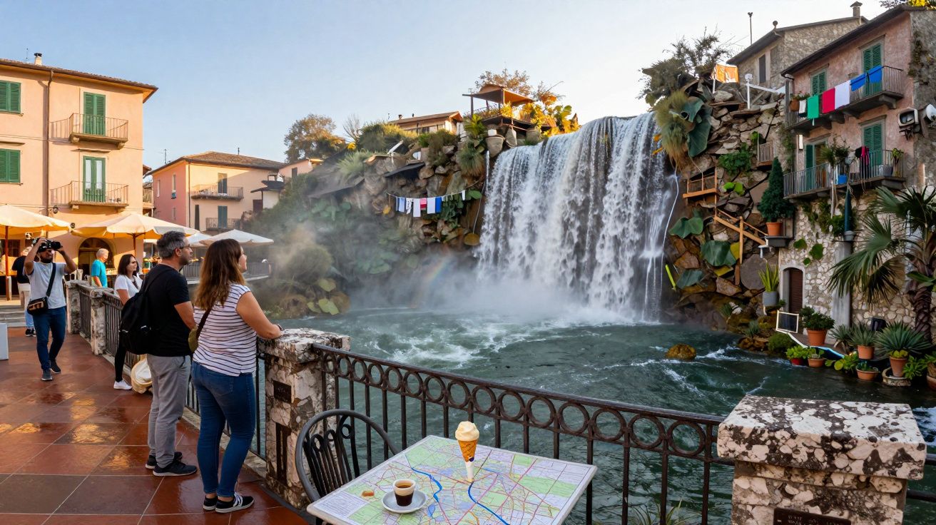 Queda de água artificial numa vila, com pessoas a observar e mesa com mapa, café e gelado à frente.