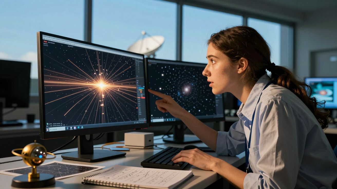 Mulher jovem analisa dados astronómicos no computador numa sala de controlo com monitores e modelo planetário.