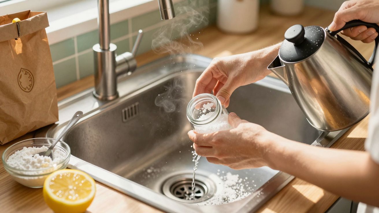 Mãos a despejar água a ferver e bicarbonato no lava-loiça, com limão e tijela de sal na bancada da cozinha.