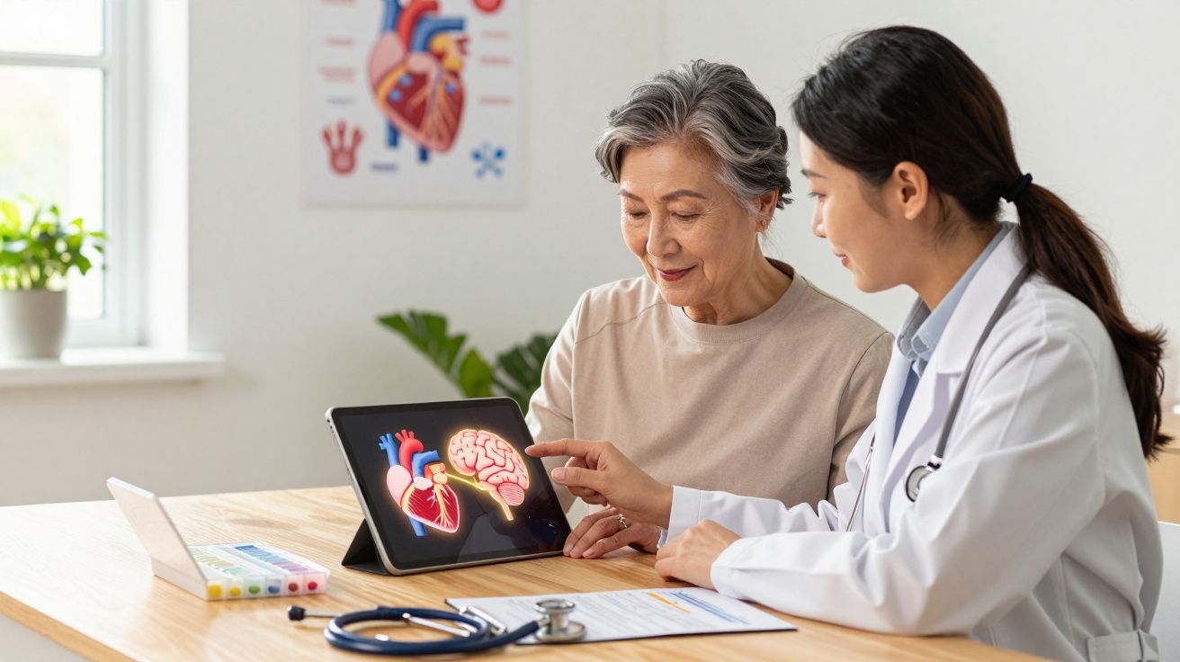 Médica mostra imagens de coração e cérebro a paciente idosa durante consulta numa clínica.