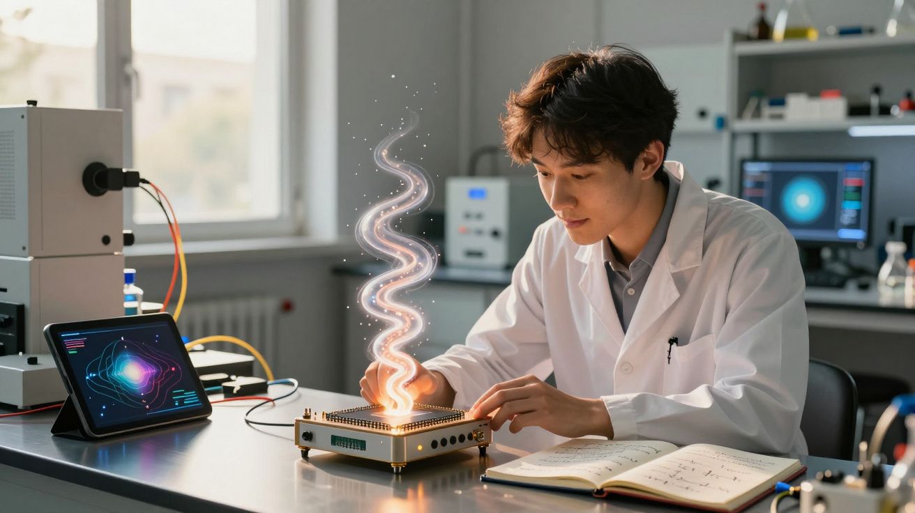 Cientista jovem em laboratório com equipamento tecnológico e projeção holográfica misteriosa.