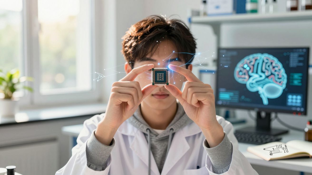 Jovem cientista a segurar microchip com cérebro digitalizado num monitor ao fundo num laboratório moderno.