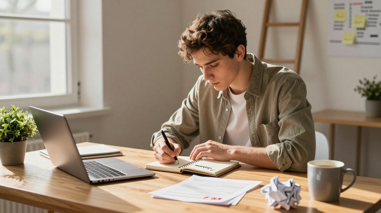 Jovem a escrever num caderno sentado numa secretária com portátil, documentos e chávena de café.