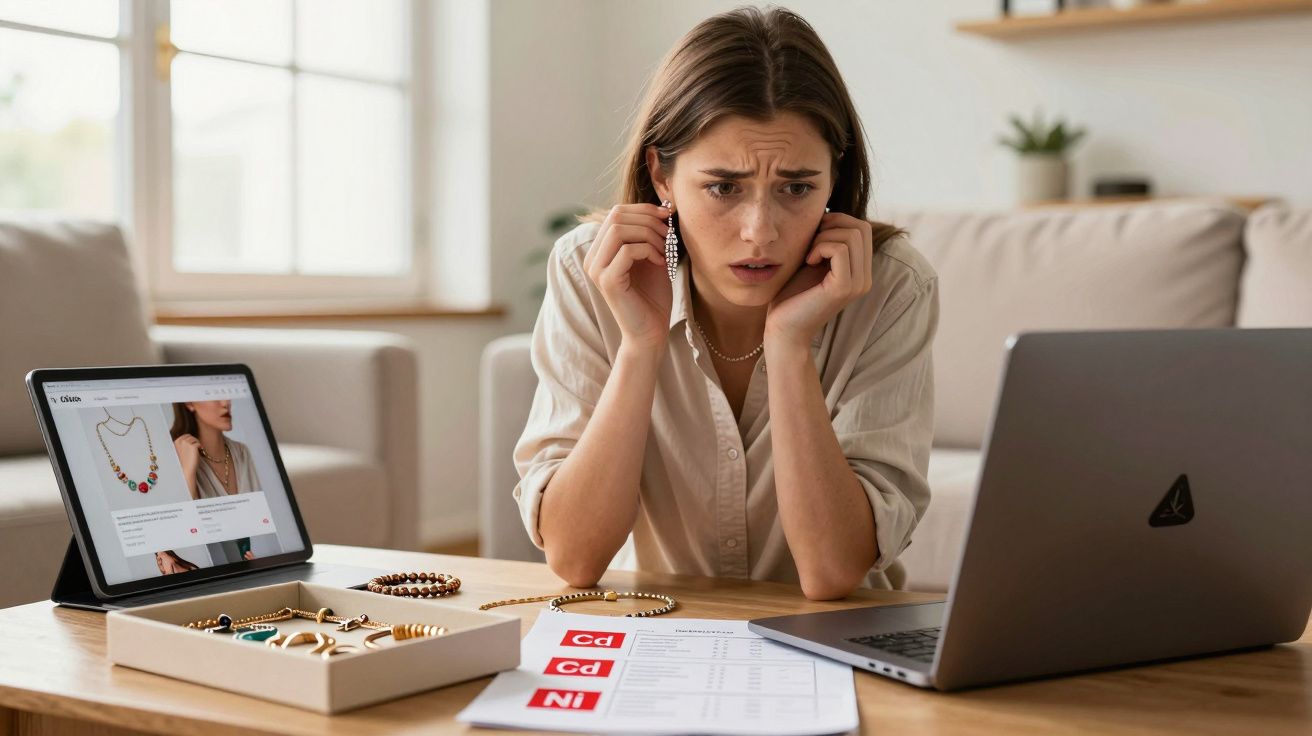 Mulher preocupada analisa faturas e usa computador e tablet numa sala de estar arrumada.