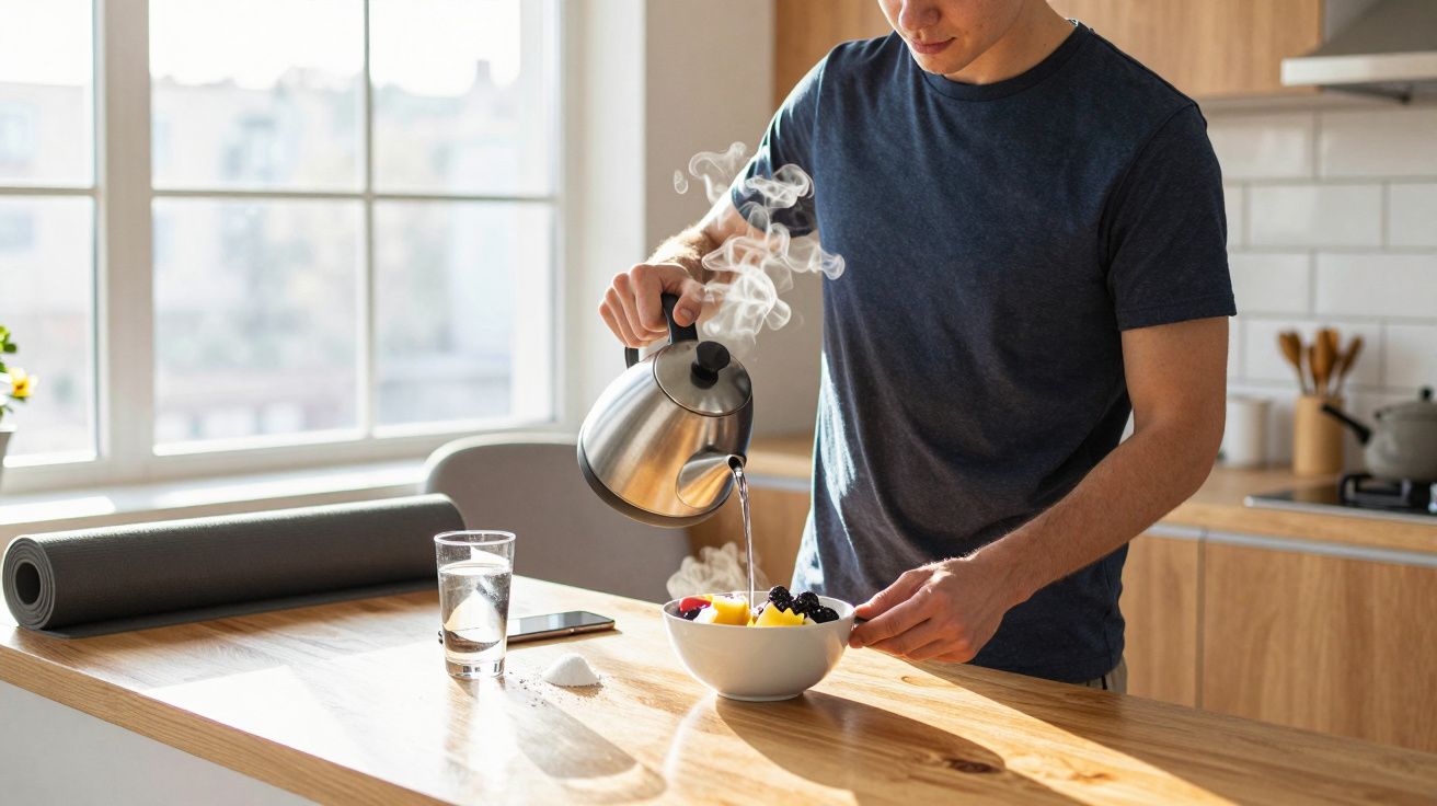 Homem a despejar água quente de chaleira numa taça com fruta numa cozinha iluminada.