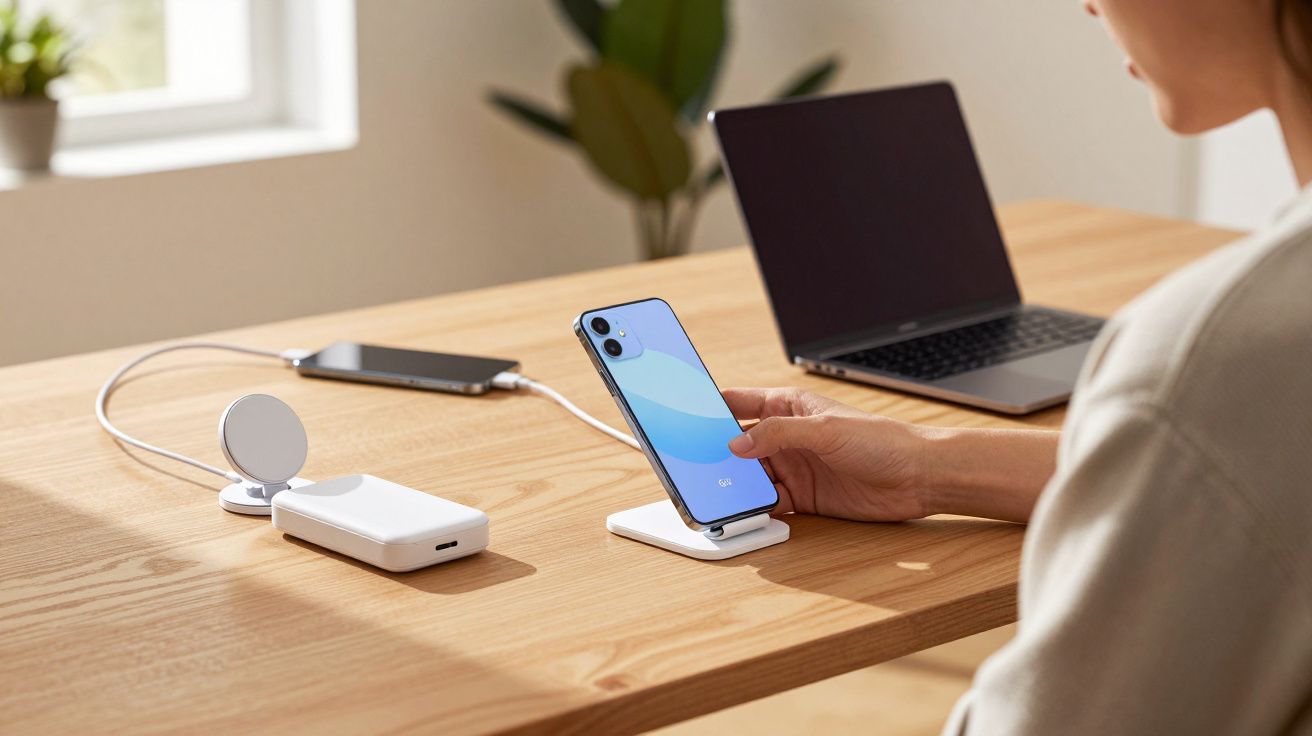 Pessoa a carregar telemóvel num carregador sem fios sobre uma mesa com portátil e telefone.