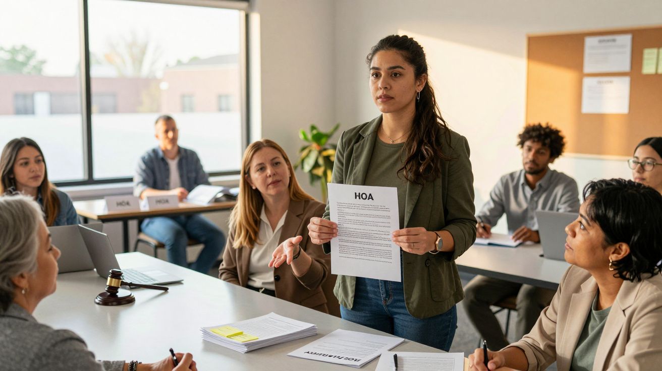 Mulher apresenta documento durante reunião formal com várias pessoas sentadas à volta de mesa num escritório.