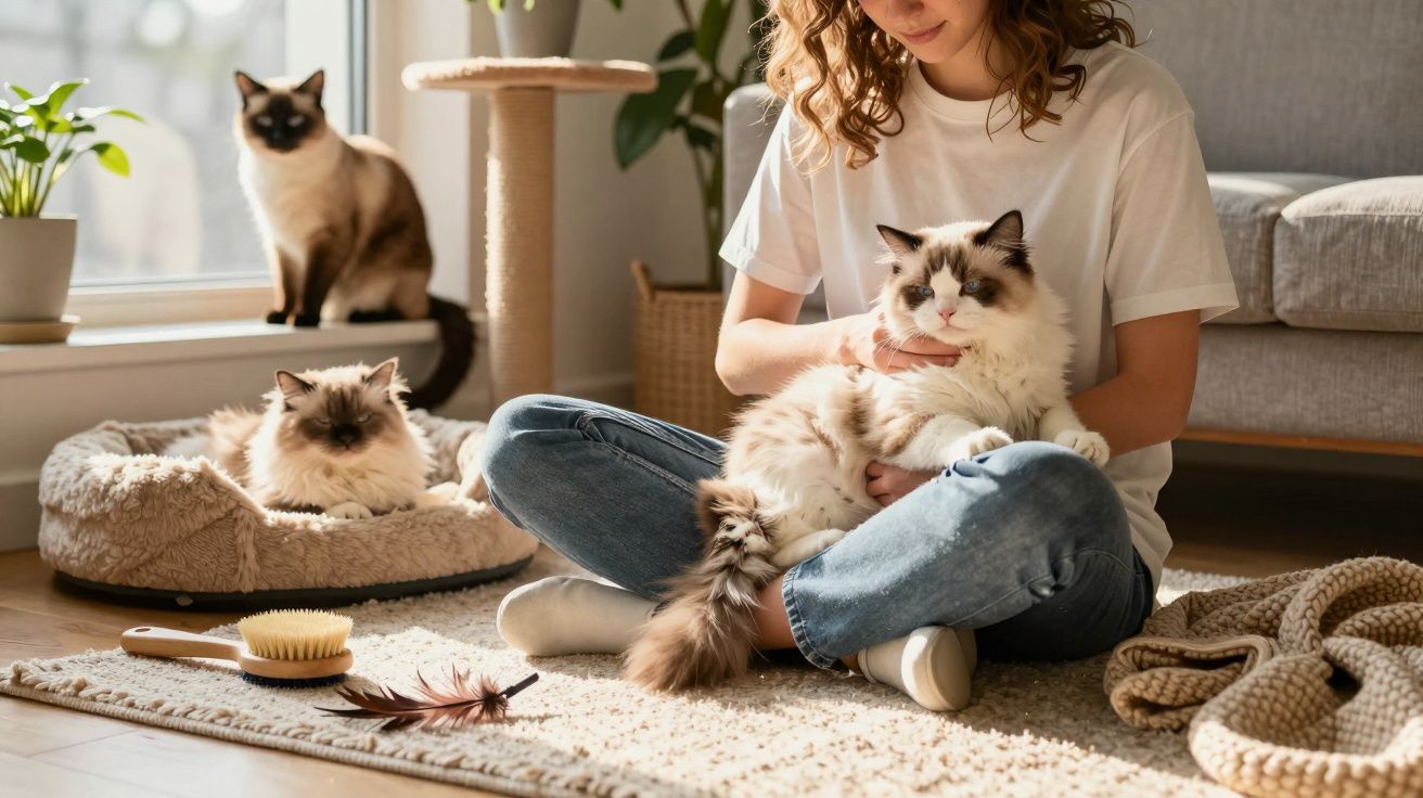 Mulher sentada no chão acariciando gato, com outros dois gatos e brinquedos ao fundo.