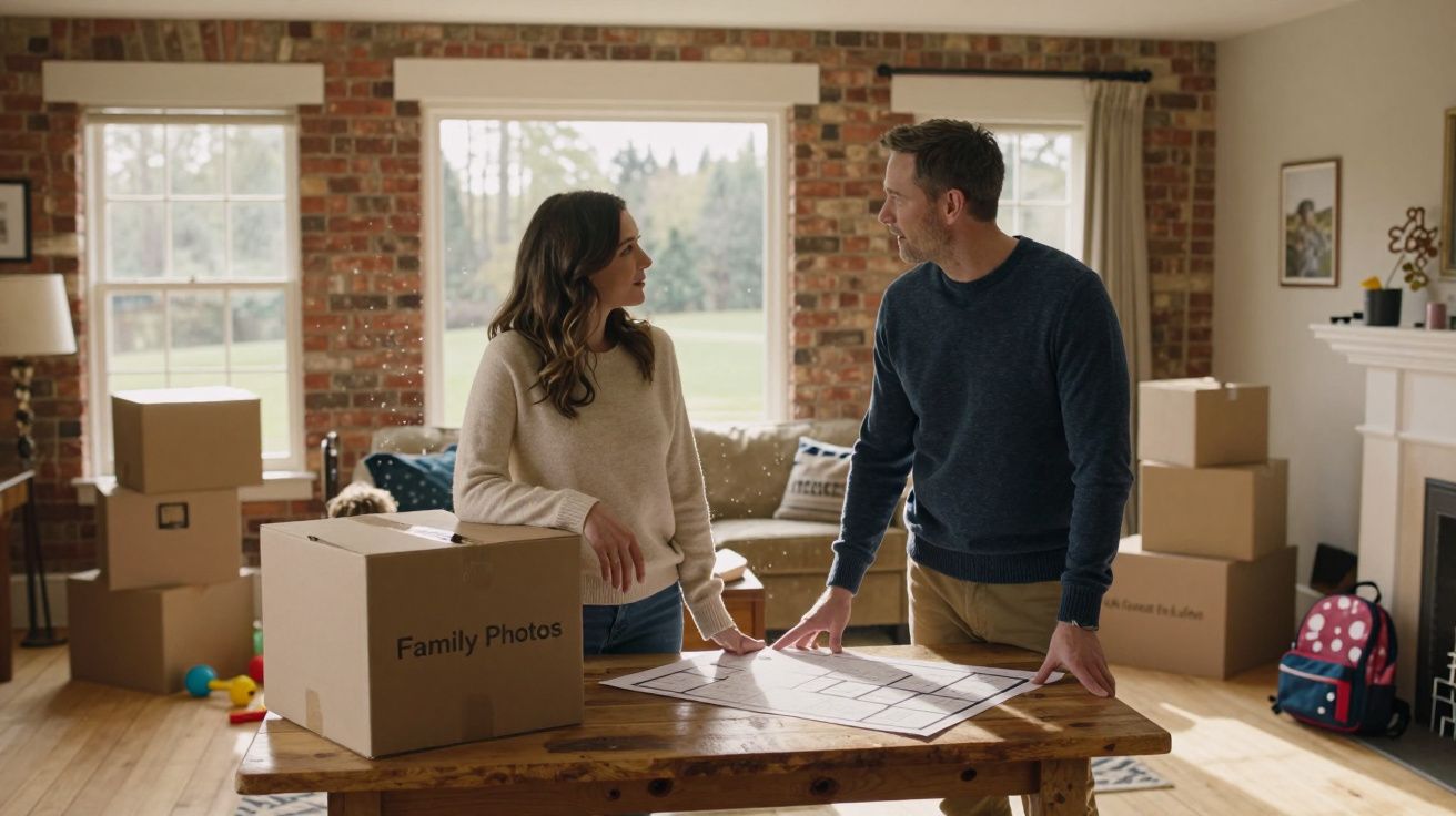 Casal conversa sobre plantas numa sala com caixas de mudança e ambiente acolhedor.