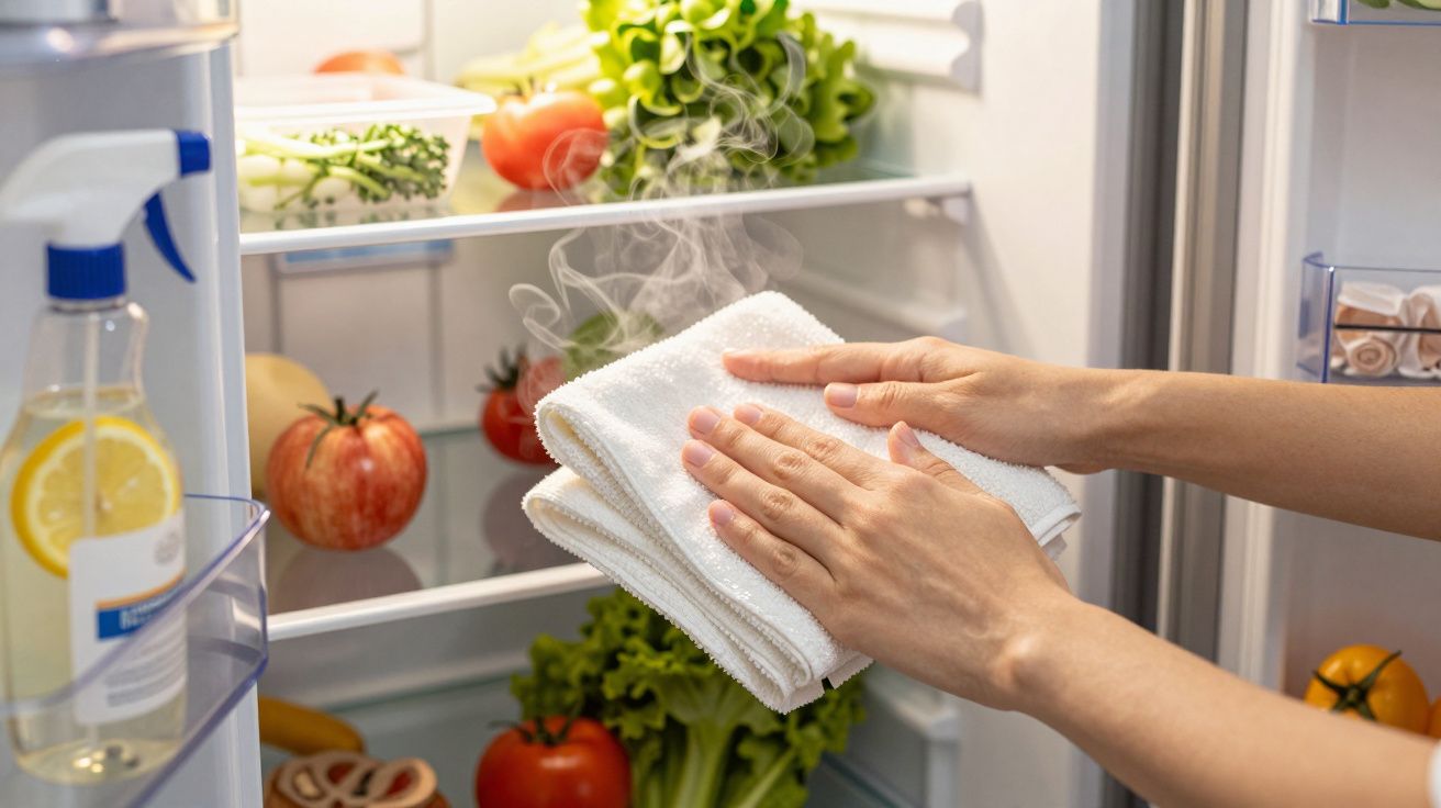 Mãos com pano a aquecer junto a frigorífico aberto com legumes frescos e vegetais dentro.
