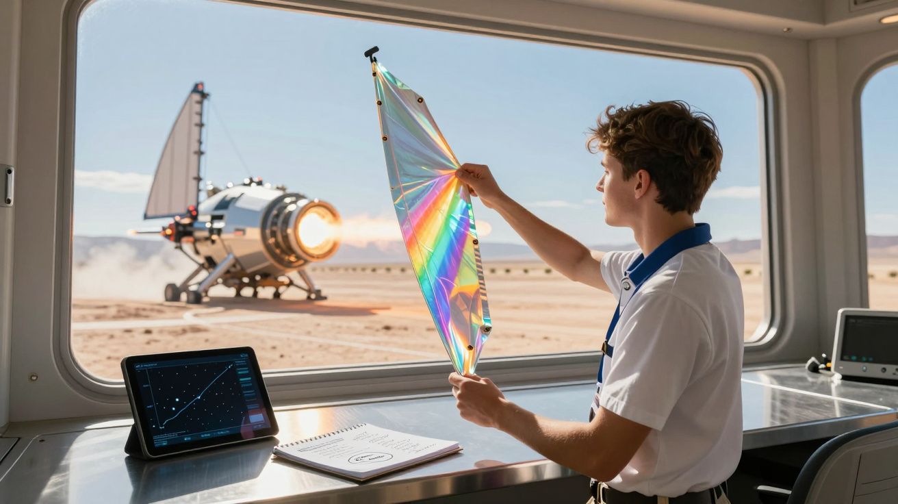 Jovem dentro de estrutura observa experimento com tecido refletor e nave espacial na paisagem desértica através da janela.