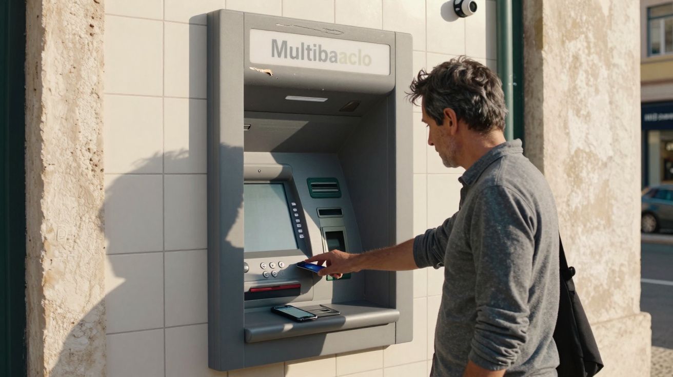 Homem usa cartão num terminal Multibanco junto a uma parede exterior de azulejos brancos.