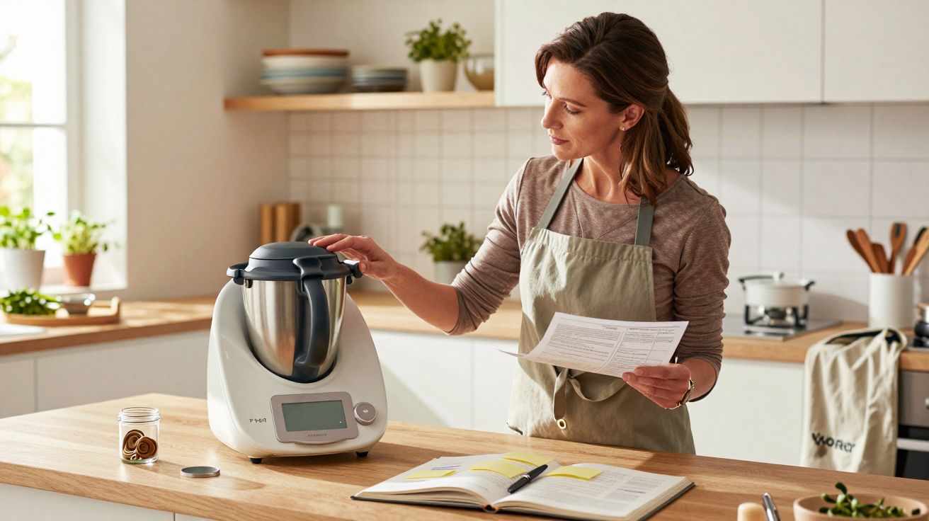 Mulher na cozinha a usar um robot de cozinha enquanto consulta receita impressa e livro aberto.