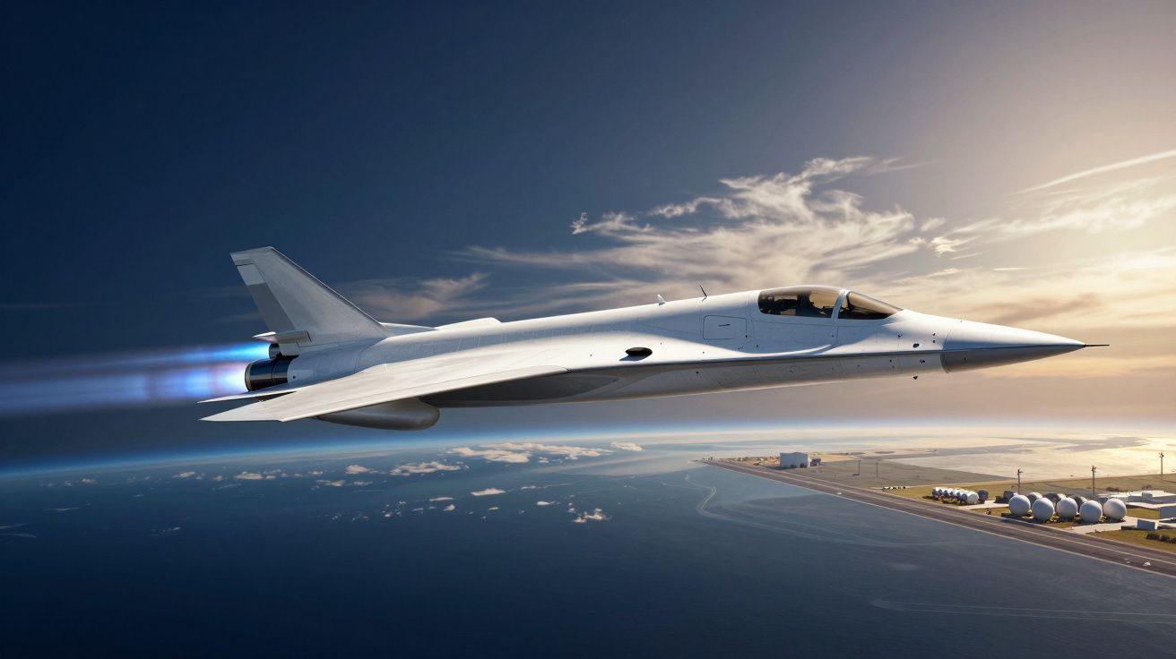 Avião futurista branco a voar perto da costa com motor a jato em funcionamento ao pôr do sol.