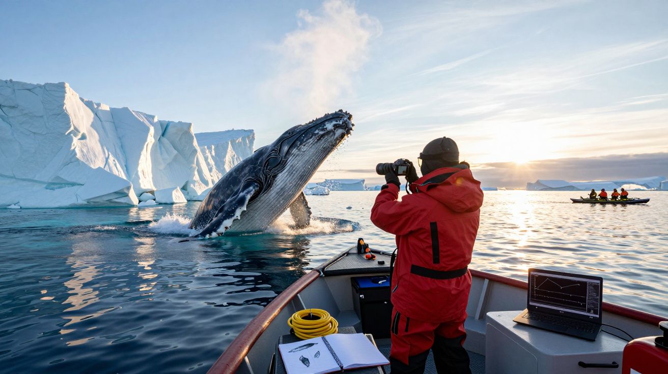 Pessoa em roupa vermelha fotografa baleia jubarte que salta perto de um iceberg no mar gelado.