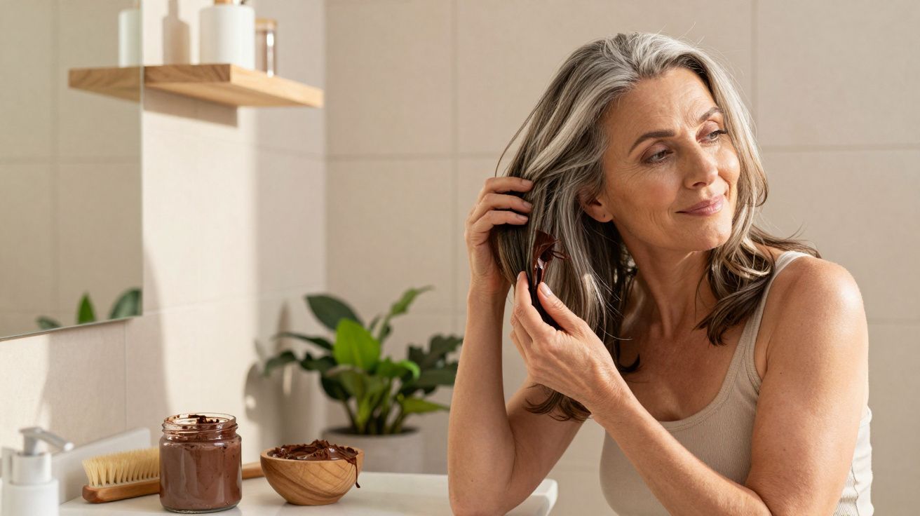 Mulher madura aplica máscara capilar num ambiente de casa de banho iluminado com plantas ao fundo.