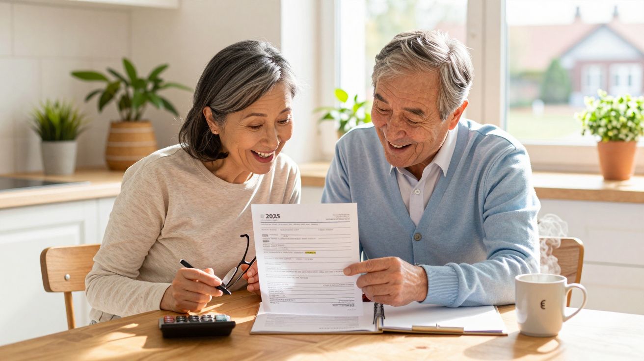 Casal sénior feliz a analisar documentos financeiros numa cozinha iluminada.