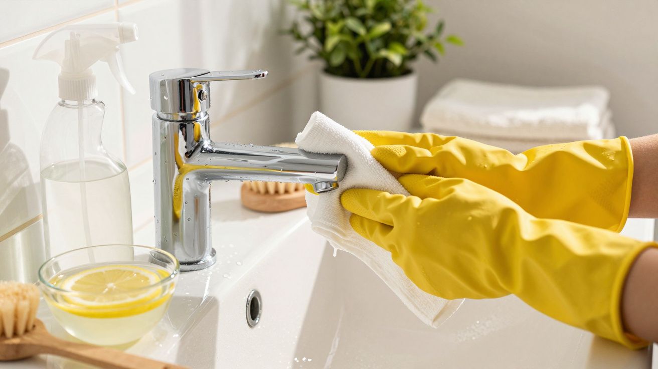Pessoa a limpar torneira de casa de banho com luvas amarelas e pano branco.