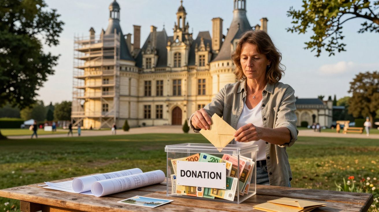 Mulher a colocar envelope numa caixa de donativos com notas, em parque em frente a castelo histórico.