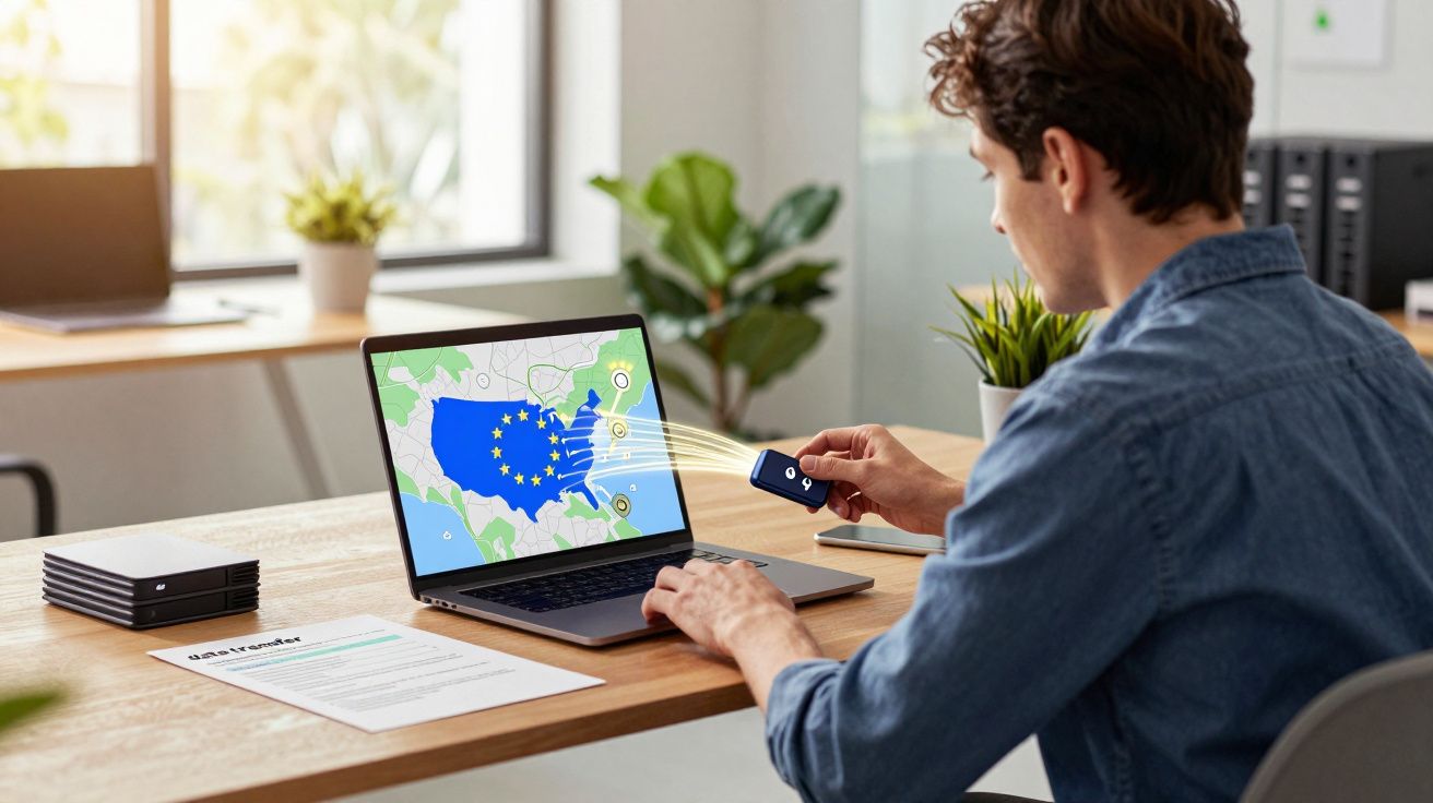 Homem em escritório com computador portátil mostrando mapa digital dos EUA com bandeira da União Europeia.