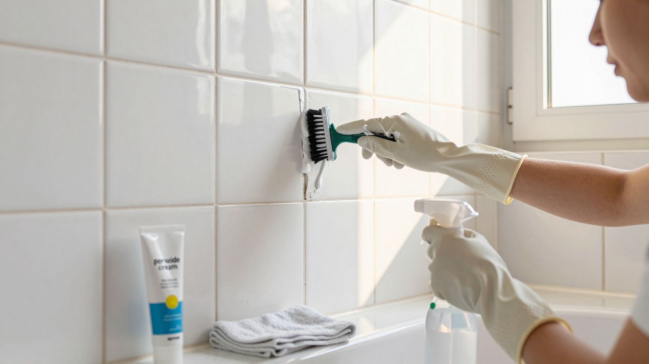Pessoa a limpar juntas de azulejos brancos numa casa de banho com escova e luvas de borracha.