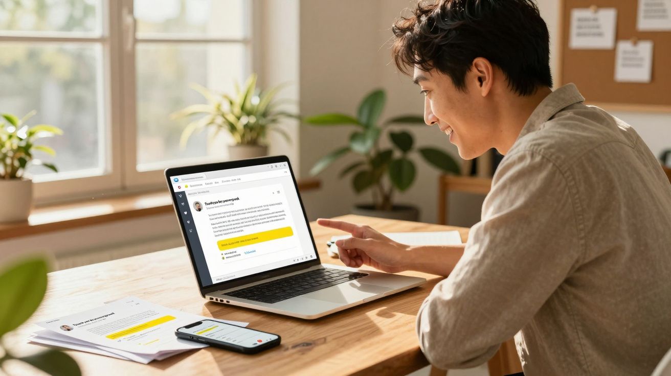 Pessoa sorridente a usar computador portátil numa mesa de madeira com luz natural e plantas ao fundo.