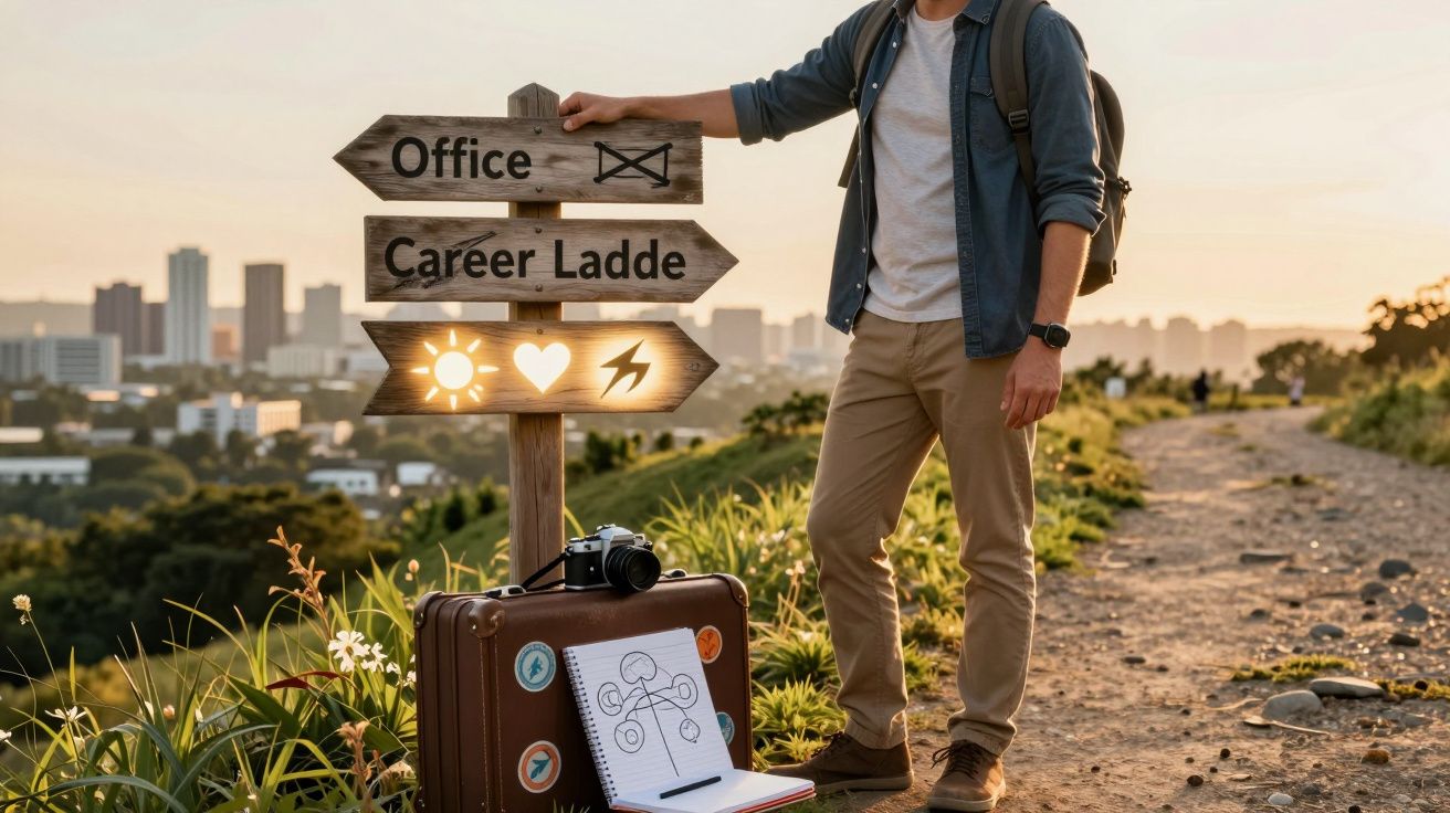 Pessoa com mochila junto a placa de madeira com indicações "Office" e "Career Ladder" numa trilha ao pôr do sol.