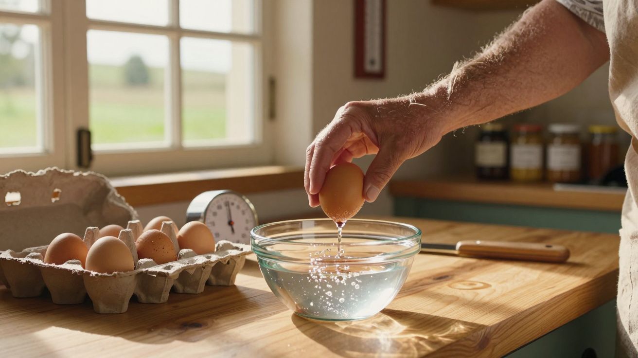 Mão a partir um ovo sobre uma tigela de vidro numa cozinha com luz natural pela janela.