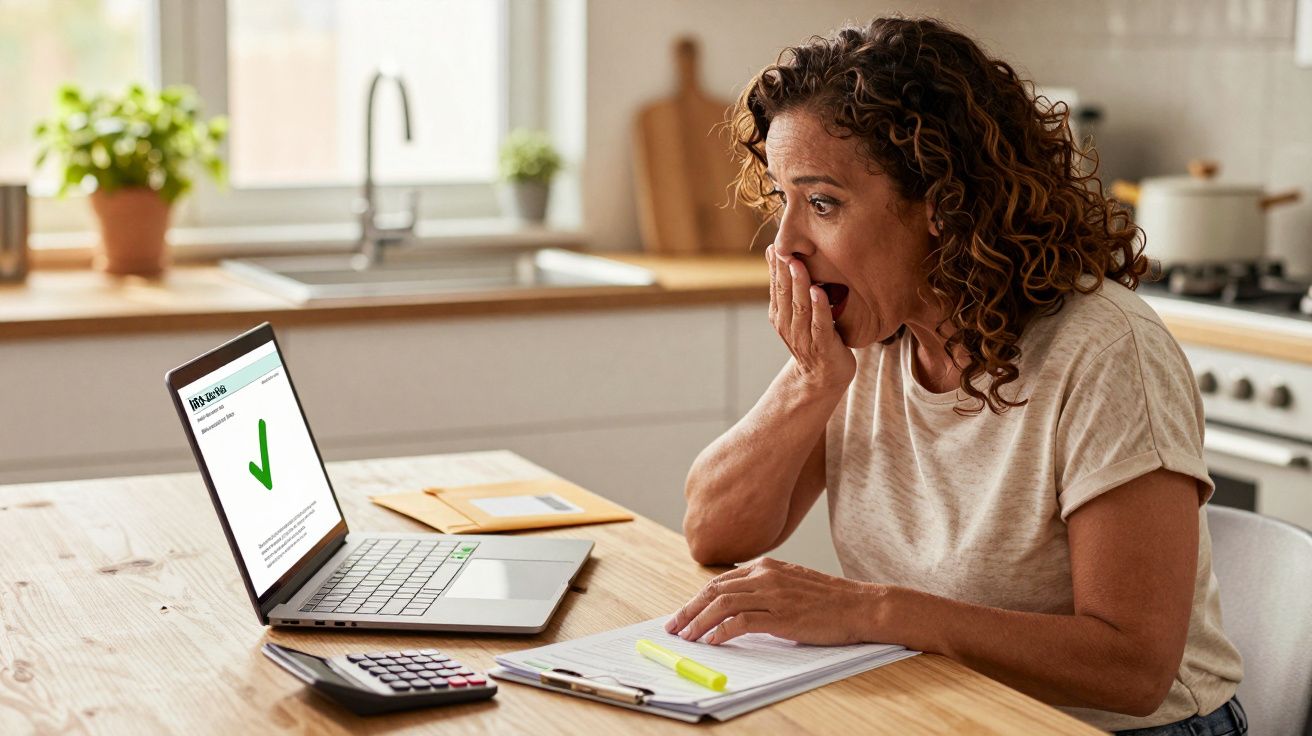 Mulher surpreendida com resultado positivo num documento online, sentada à mesa da cozinha com computador portátil.