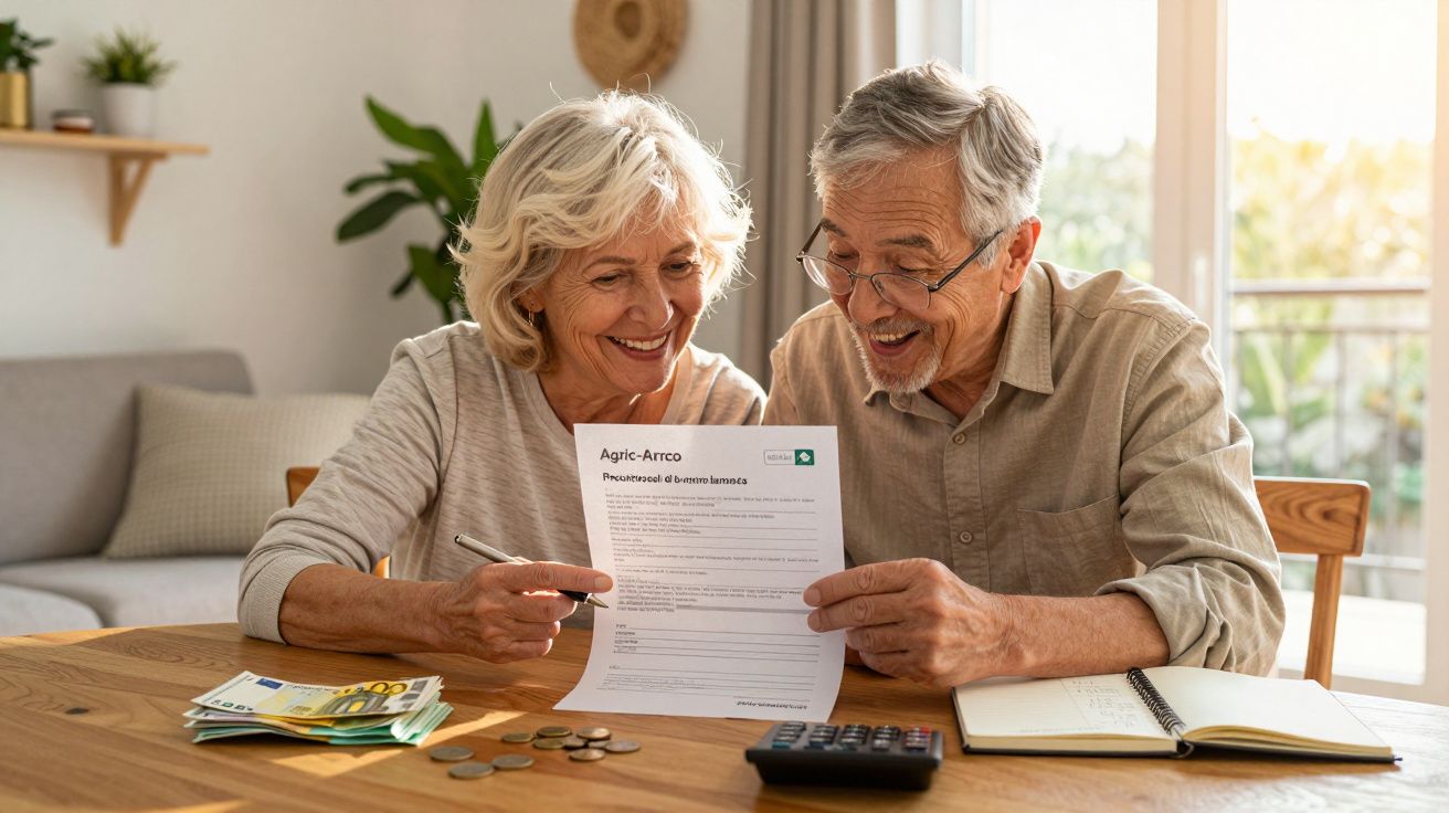 Casal sénior feliz analisando documento financeiro numa sala com caderneta, calculadora e dinheiro na mesa.