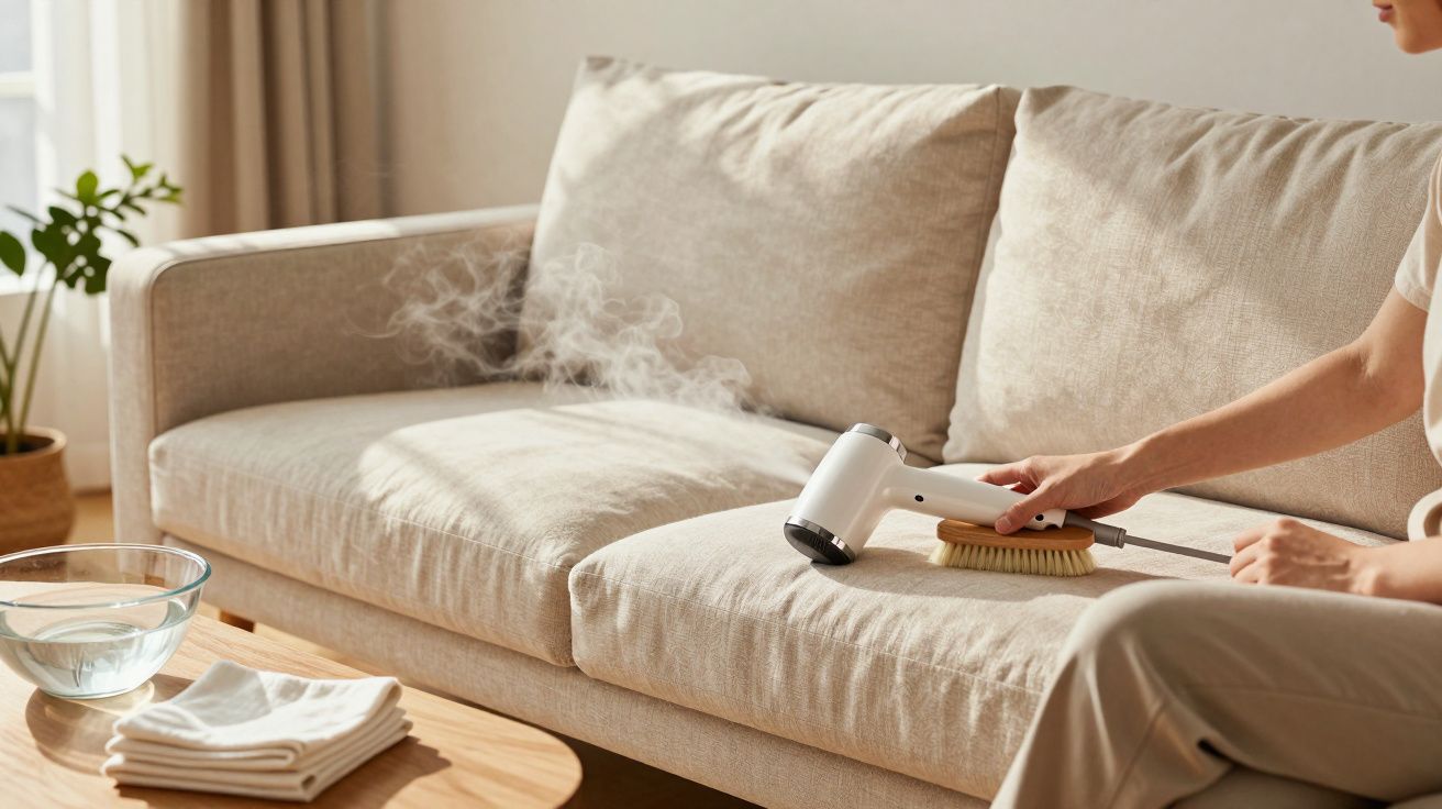 Pessoa limpa sofá bege com vaporizador e escova numa sala iluminada com planta e mesa de madeira.