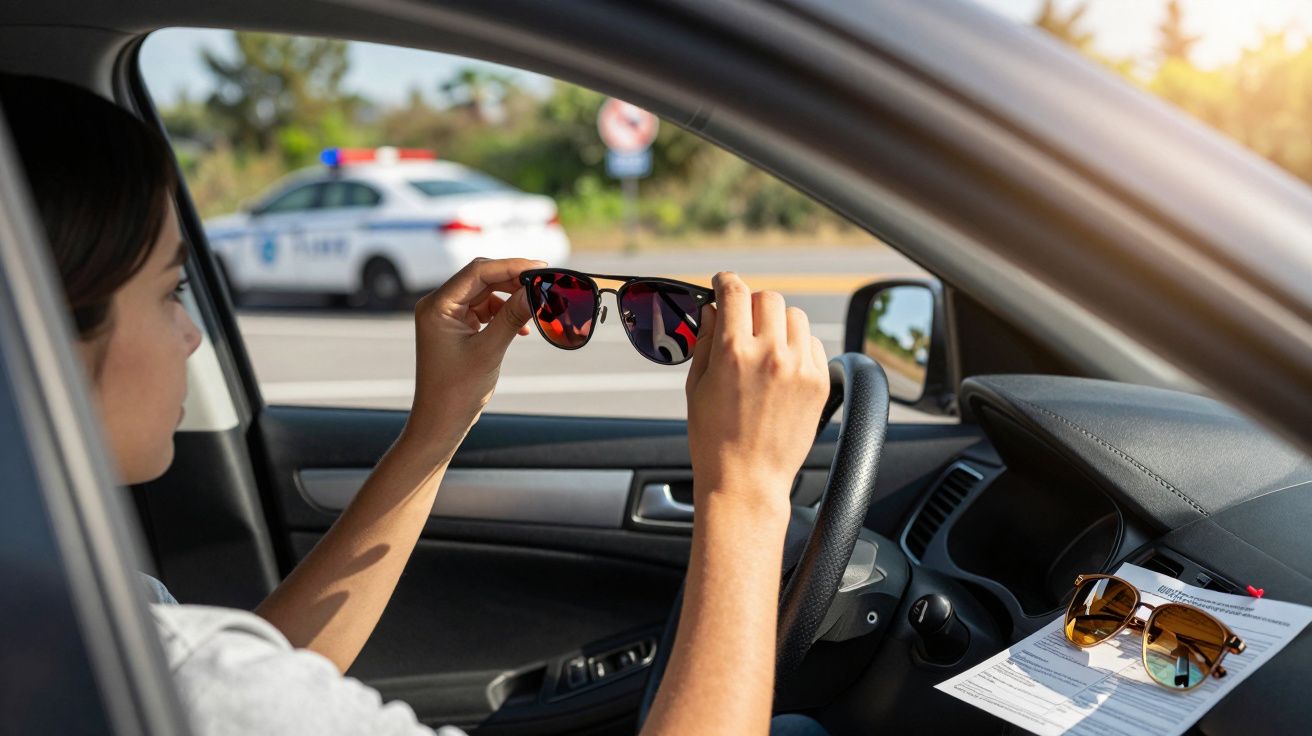 Mulher sentada no carro tirando óculos de sol, com viatura policial estacionada à frente.