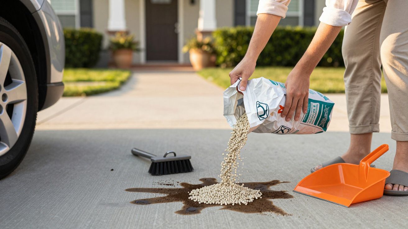 Pessoa a despejar granulado absorvente para limpar um derrame de líquido numa calçada junto a um carro.