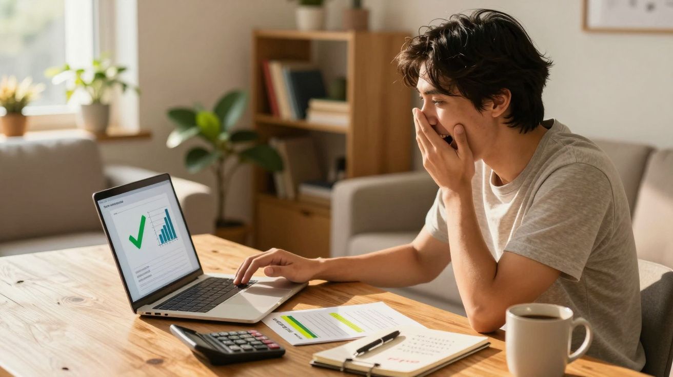 Homem jovem surpreendido a olhar para gráfico positivo num portátil, sentado numa mesa de trabalho em casa.
