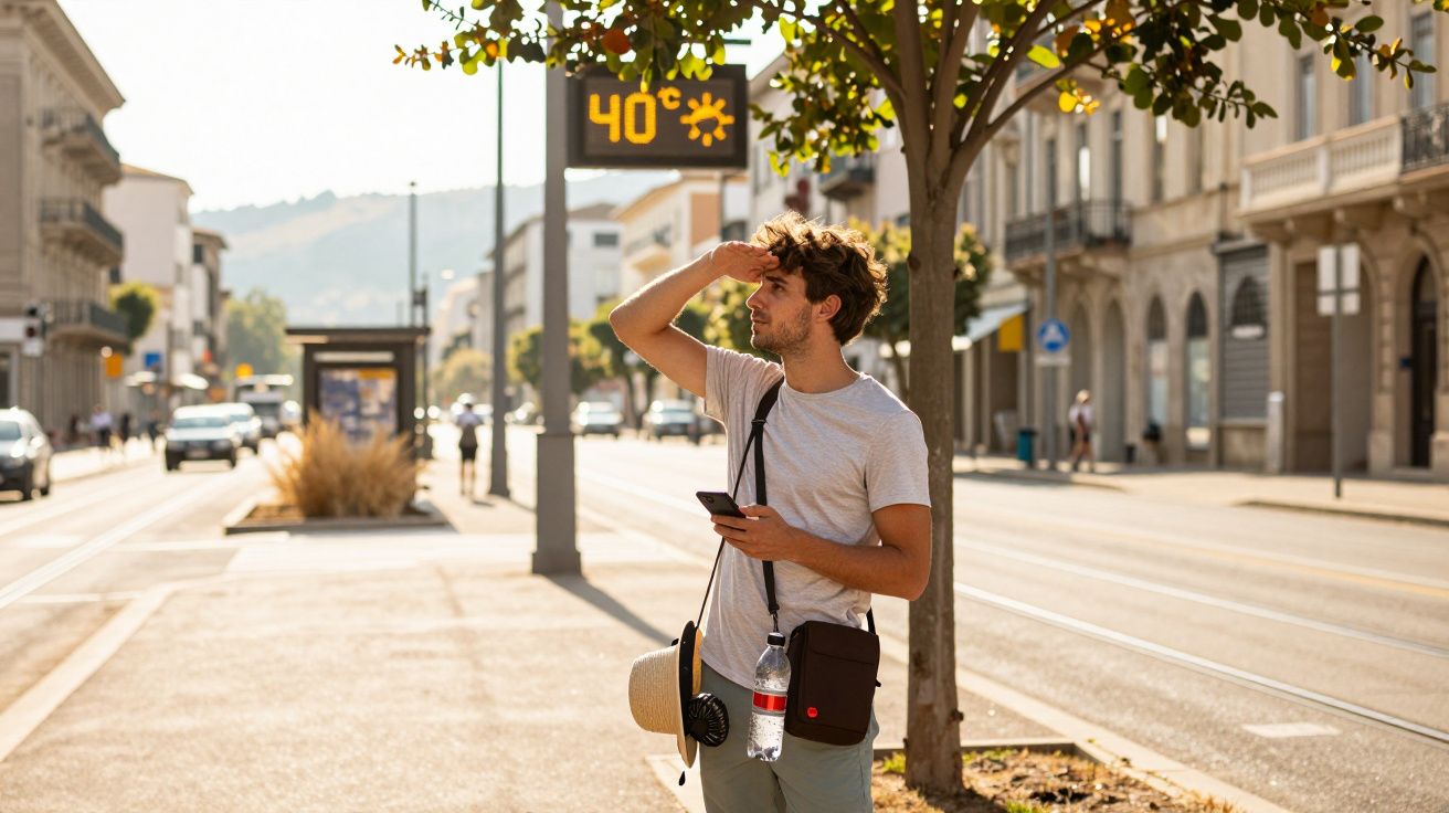 Homem com água e chapéu, olha para painel digital que indica 40°C numa rua urbana ensolarada.