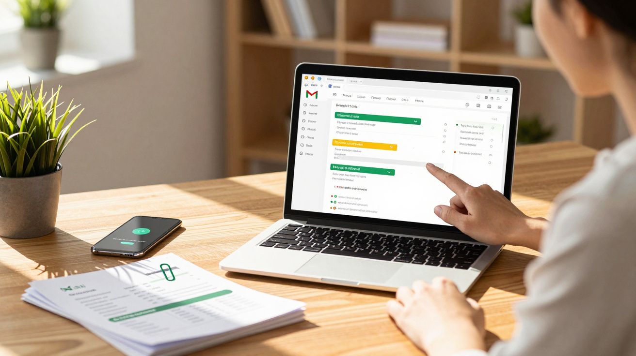 Pessoa a usar computador portátil com página de email aberta numa secretária com smartphone e documentos organizados.