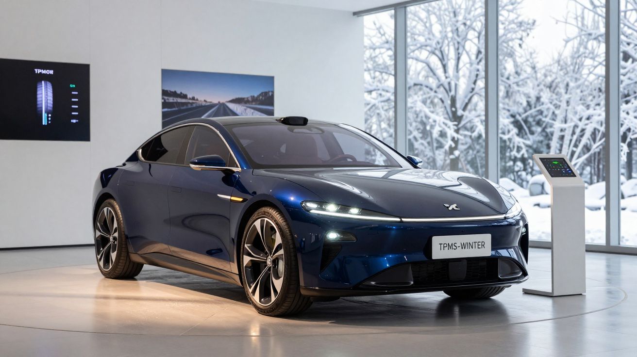 Carro elétrico azul num showroom moderno com janelas grandes e paisagem de inverno com neve.