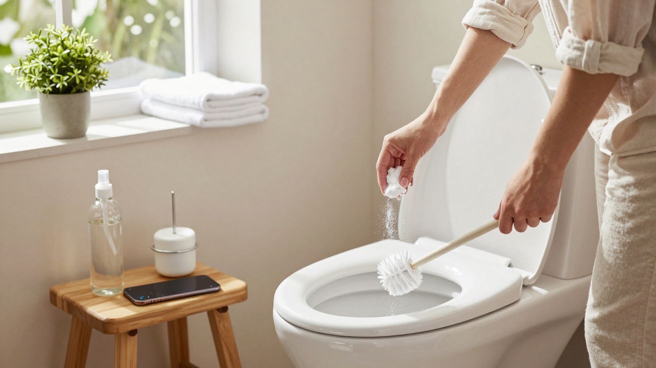 Pessoa a limpar um sanitário branco com escova e produto de limpeza num ambiente luminoso e organizado.