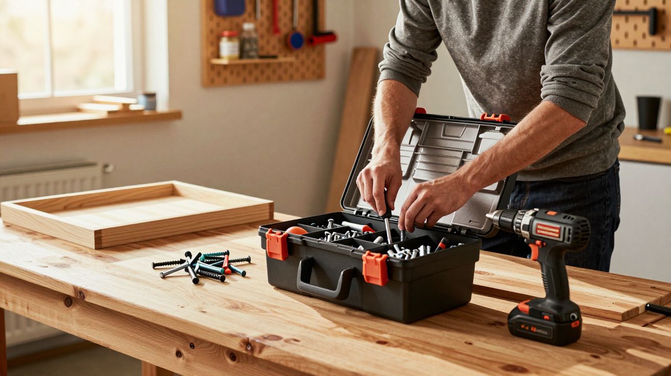 Pessoa a manusear ferramentas numa caixa preta de ferramentas sobre uma bancada de madeira numa oficina.