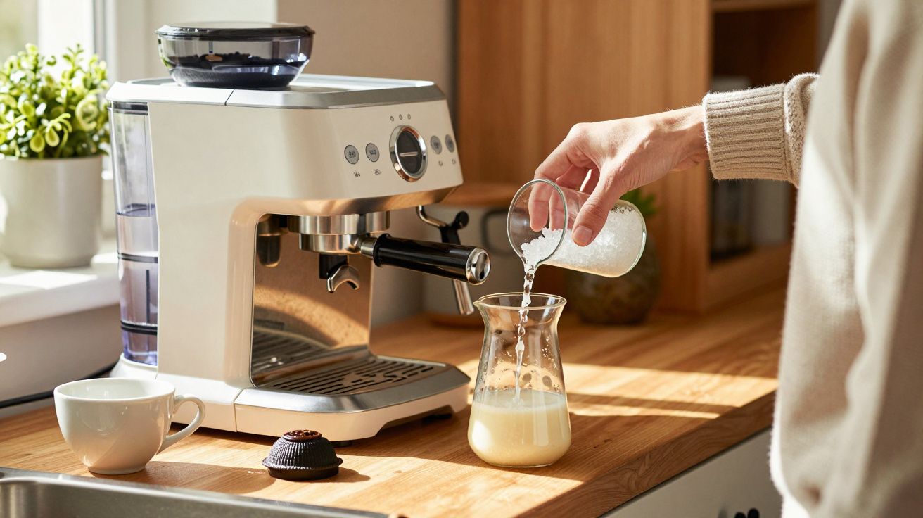 Mão a verter leite numa jarra junto a máquina de café expresso numa cozinha iluminada.