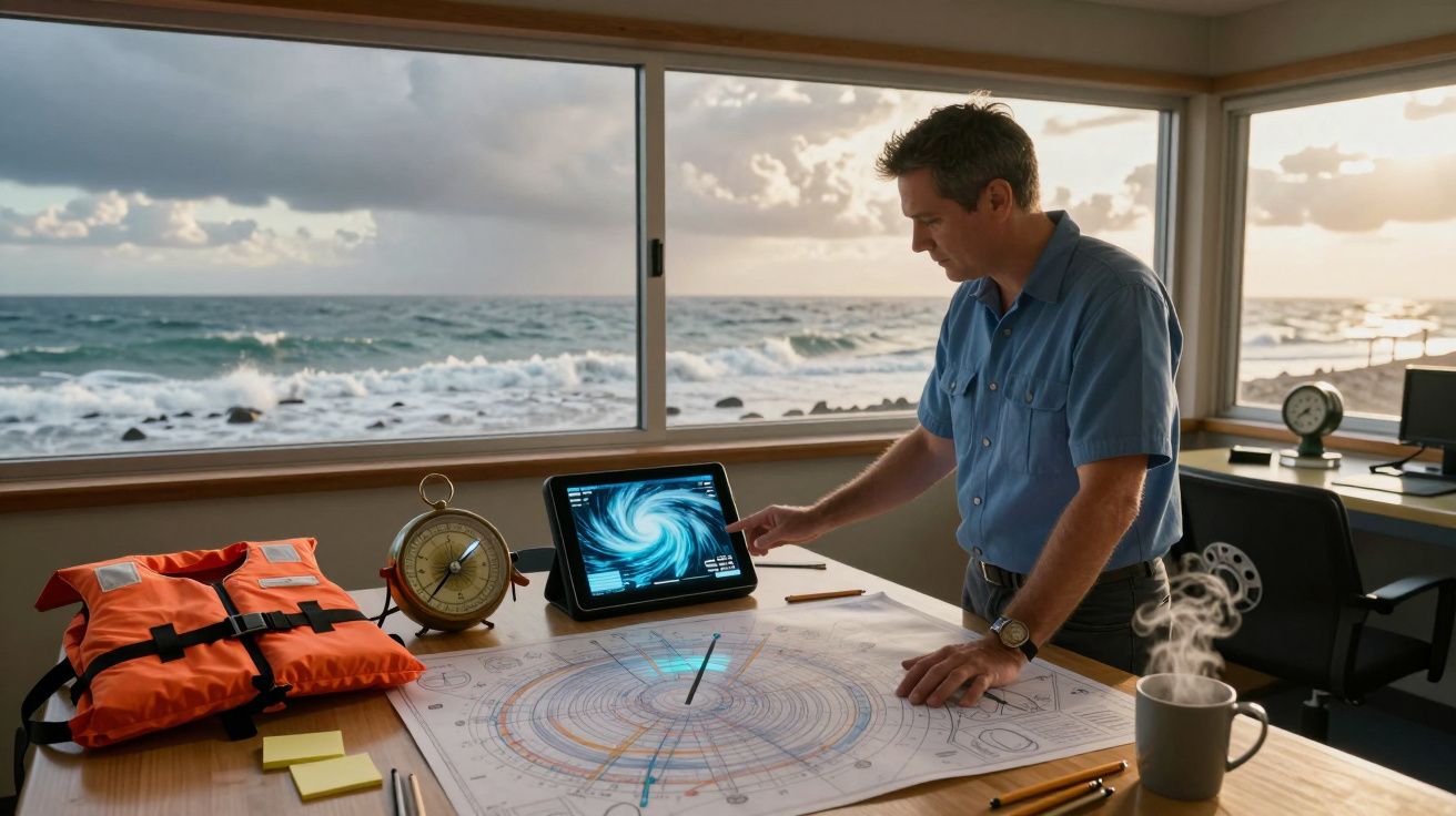 Homem analisa dados de ciclone em tablet com mapa náutico, colete salva-vidas e relógio em sala junto ao mar.